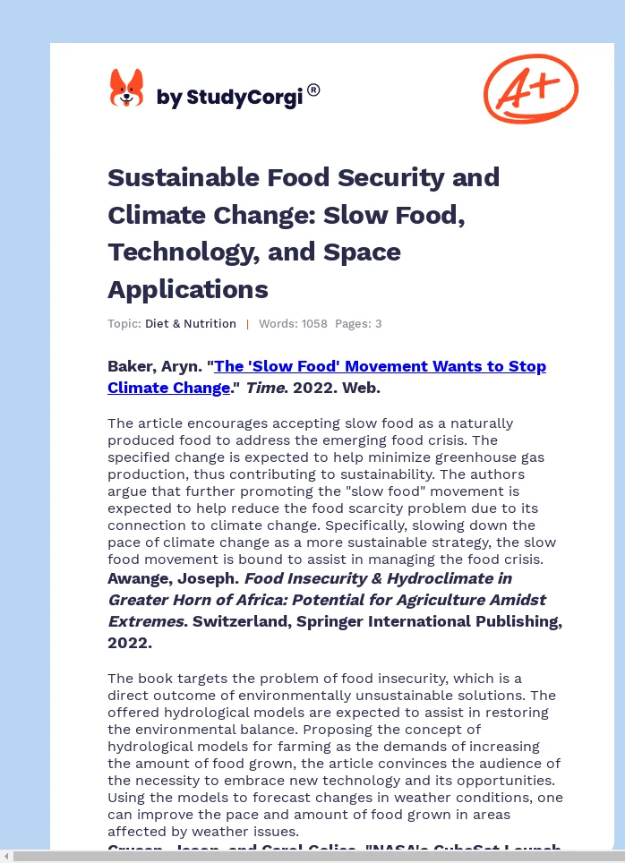 Sustainable Food Security and Climate Change: Slow Food, Technology, and Space Applications. Page 1