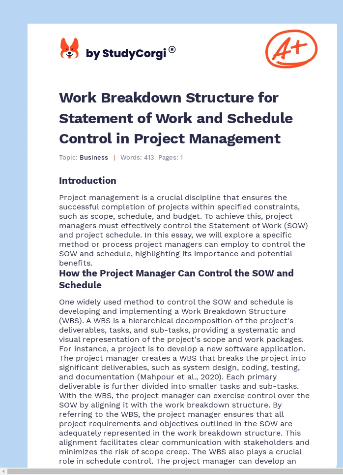 Work Breakdown Structure for Statement of Work and Schedule Control in Project Management. Page 1