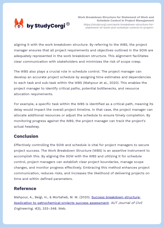 Work Breakdown Structure for Statement of Work and Schedule Control in Project Management. Page 2