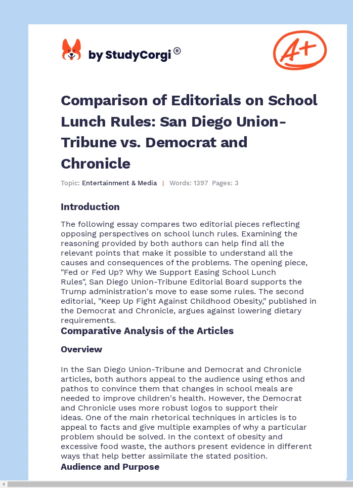 Comparison of Editorials on School Lunch Rules: San Diego Union-Tribune vs. Democrat and Chronicle. Page 1