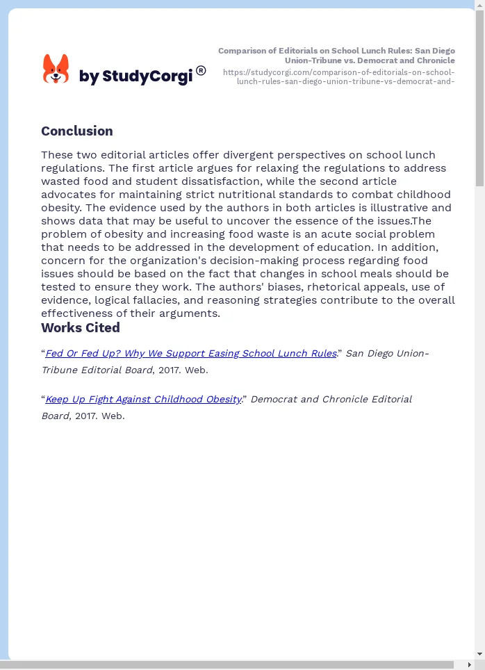 Comparison of Editorials on School Lunch Rules: San Diego Union-Tribune vs. Democrat and Chronicle. Page 2