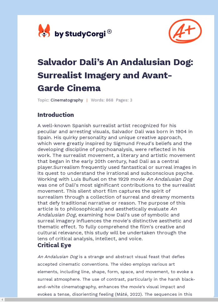 Salvador Dali’s An Andalusian Dog: Surrealist Imagery and Avant-Garde Cinema. Page 1