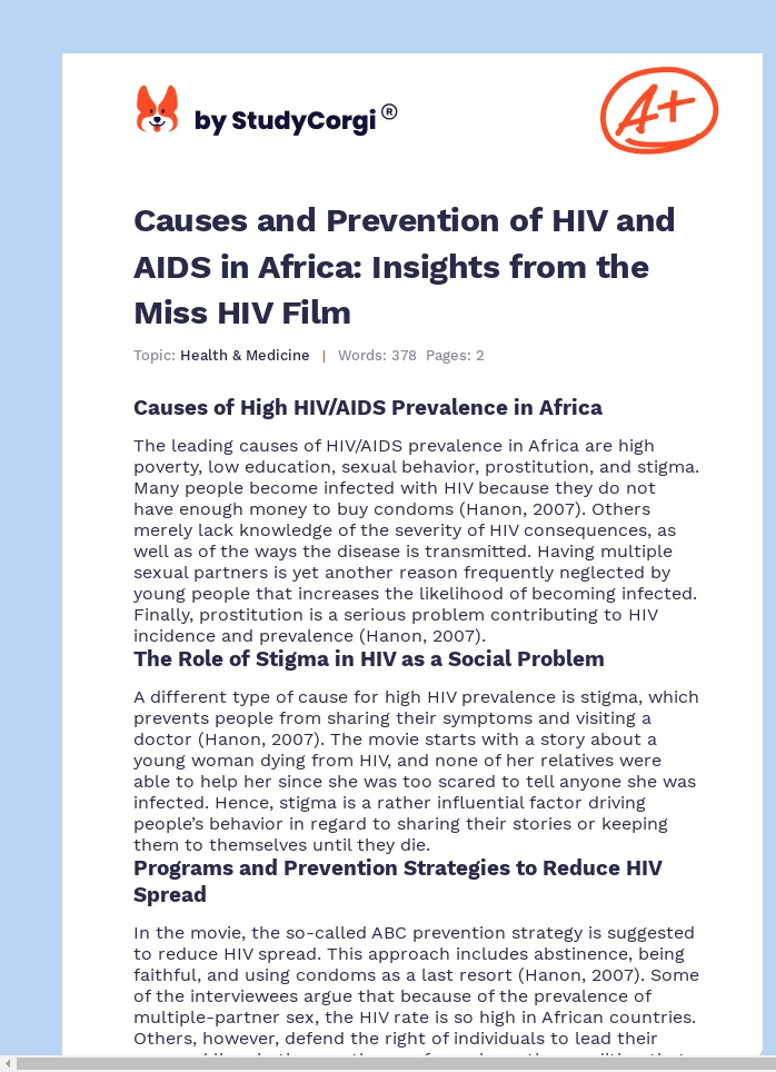Causes and Prevention of HIV and AIDS in Africa: Insights from the Miss HIV Film. Page 1