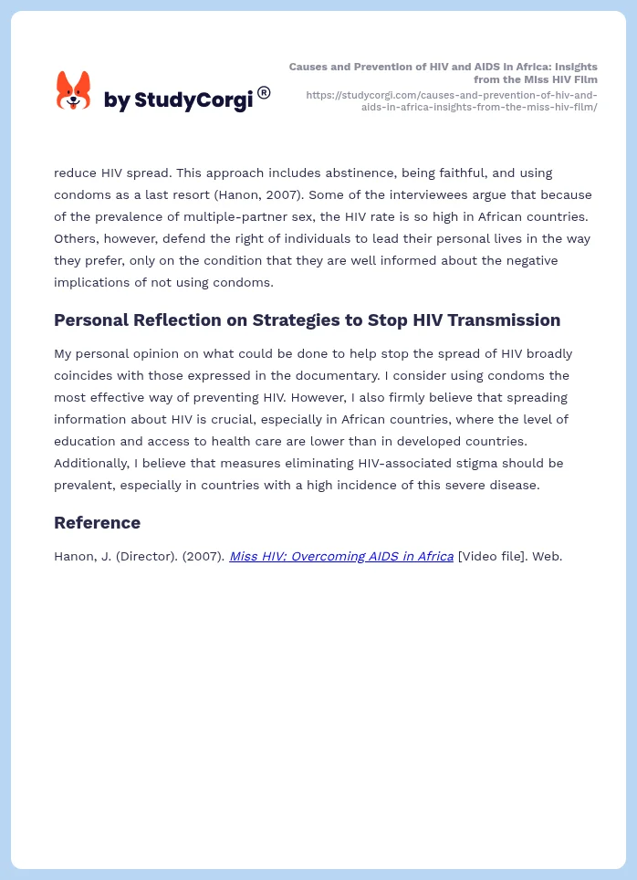 Causes and Prevention of HIV and AIDS in Africa: Insights from the Miss HIV Film. Page 2