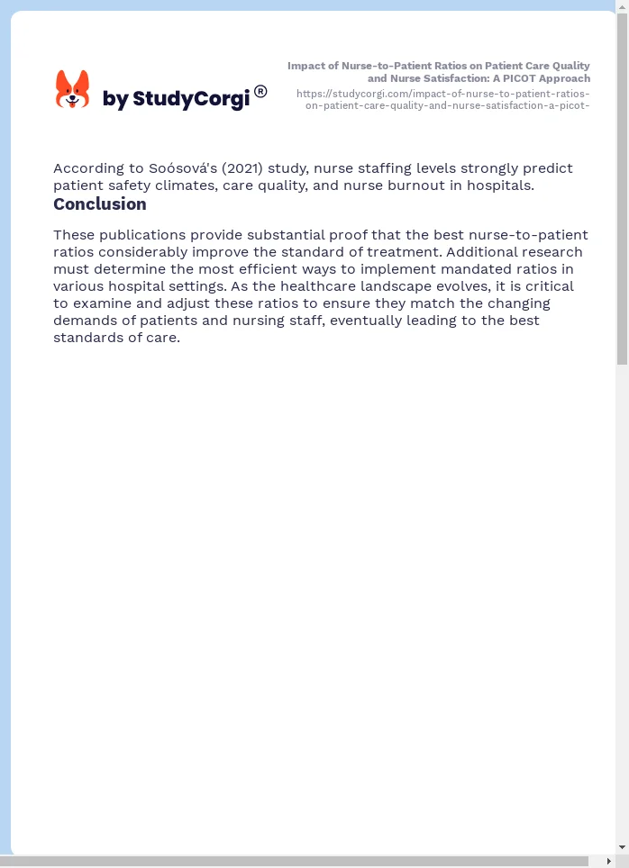Impact of Nurse-to-Patient Ratios on Patient Care Quality and Nurse Satisfaction: A PICOT Approach. Page 2