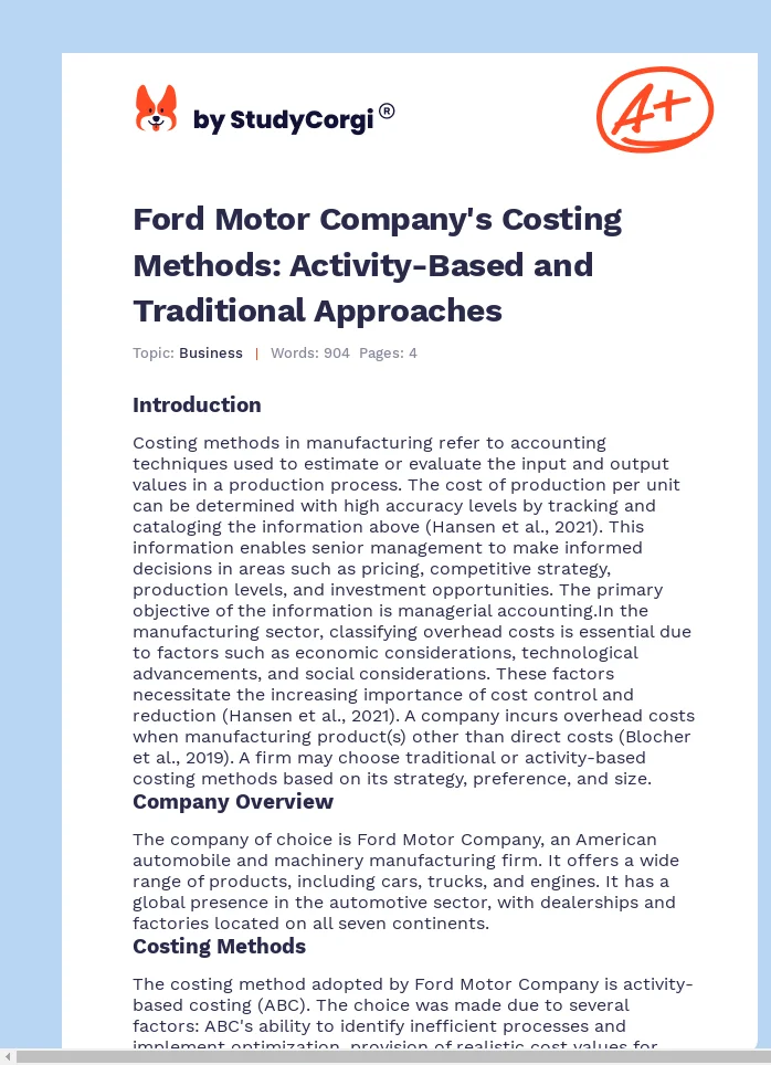 Ford Motor Company's Costing Methods: Activity-Based and Traditional Approaches. Page 1