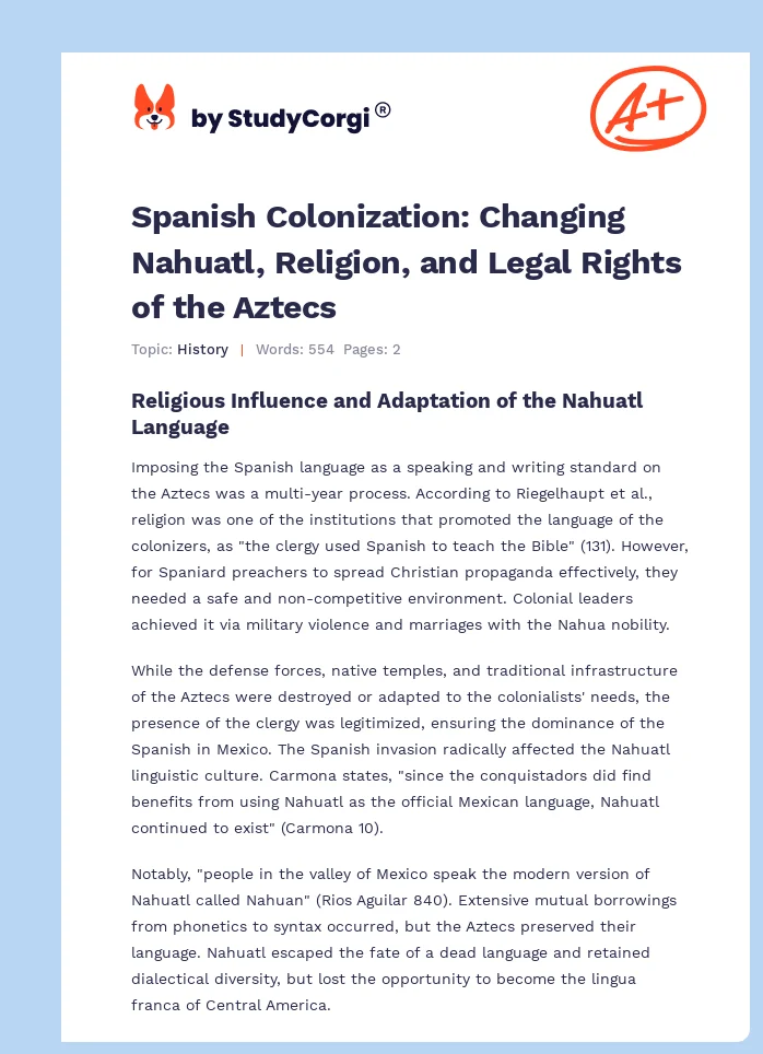 Spanish Colonization: Changing Nahuatl, Religion, and Legal Rights of the Aztecs. Page 1