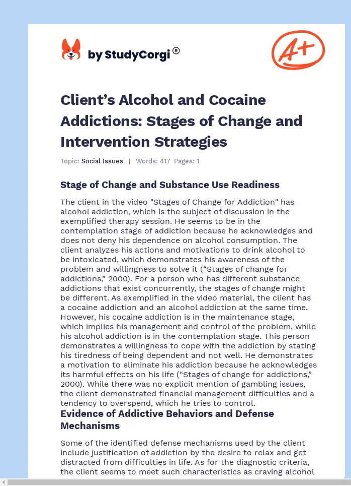 Client’s Alcohol and Cocaine Addictions: Stages of Change and Intervention Strategies. Page 1