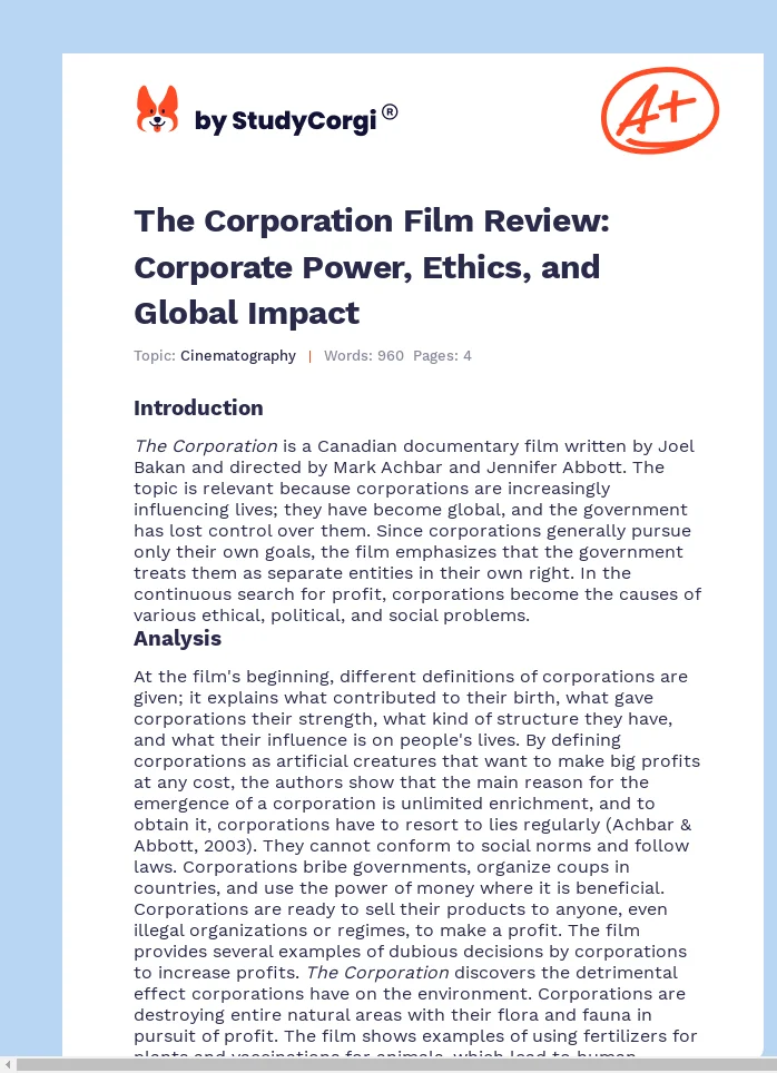 The Corporation Film Review: Corporate Power, Ethics, and Global Impact. Page 1