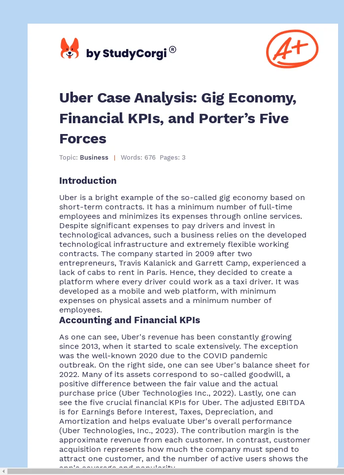Uber Case Analysis: Gig Economy, Financial KPIs, and Porter’s Five Forces. Page 1