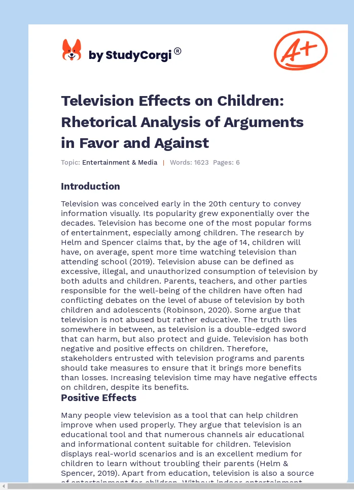 Television Effects on Children: Rhetorical Analysis of Arguments in Favor and Against. Page 1