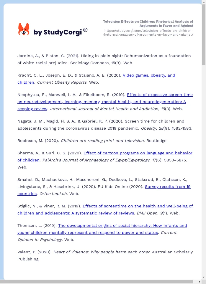 Television Effects on Children: Rhetorical Analysis of Arguments in Favor and Against. Page 2