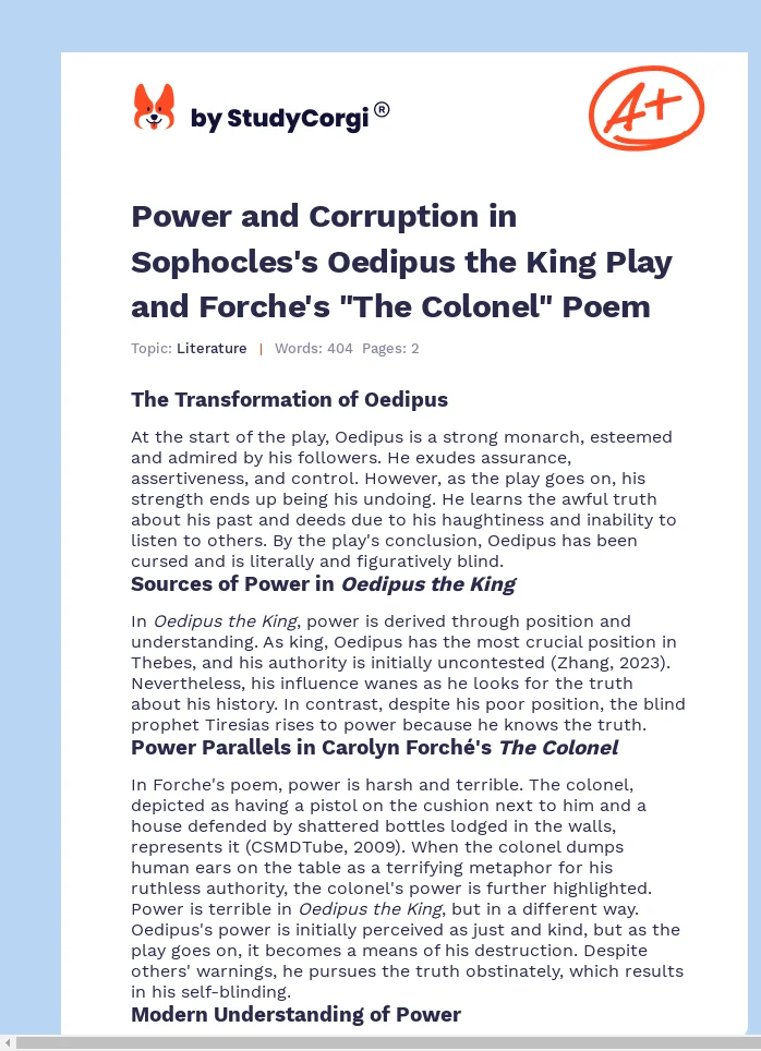 Power and Corruption in Sophocles's Oedipus the King Play and Forche's "The Colonel" Poem. Page 1