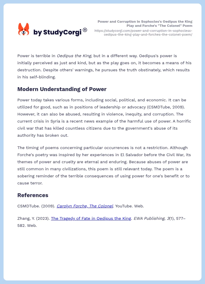 Power and Corruption in Sophocles's Oedipus the King Play and Forche's "The Colonel" Poem. Page 2