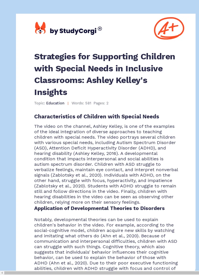 Strategies for Supporting Children with Special Needs in Inclusive Classrooms: Ashley Kelley's Insights. Page 1