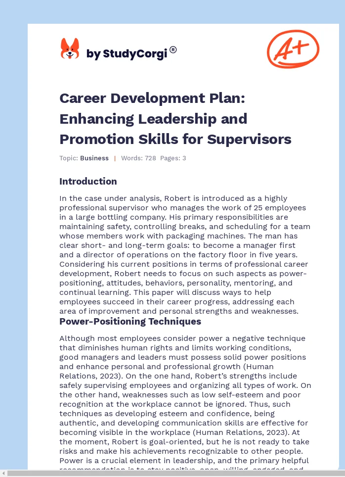 Career Development Plan: Enhancing Leadership and Promotion Skills for Supervisors. Page 1