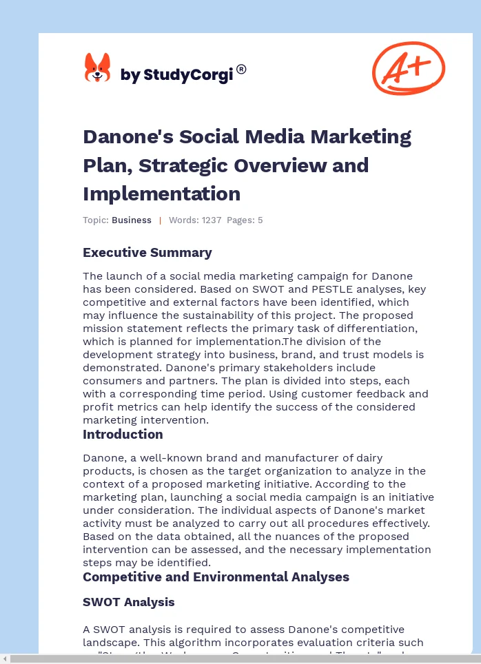 Danone's Social Media Marketing Plan, Strategic Overview and Implementation. Page 1