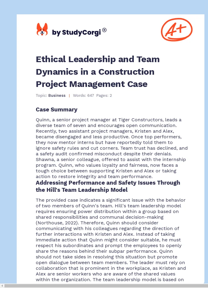 Ethical Leadership and Team Dynamics in a Construction Project Management Case. Page 1