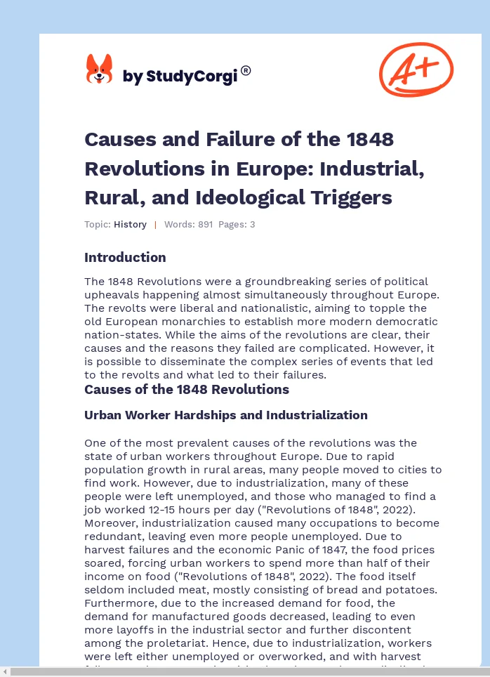 Causes and Failure of the 1848 Revolutions in Europe: Industrial, Rural, and Ideological Triggers. Page 1