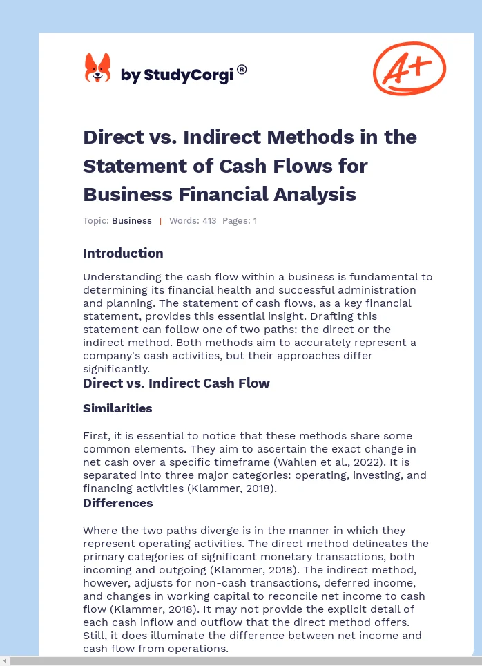 Direct vs. Indirect Methods in the Statement of Cash Flows for Business Financial Analysis. Page 1