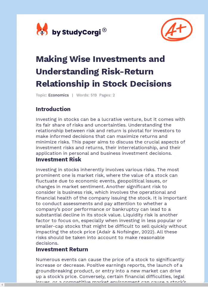 Making Wise Investments and Understanding Risk-Return Relationship in Stock Decisions. Page 1