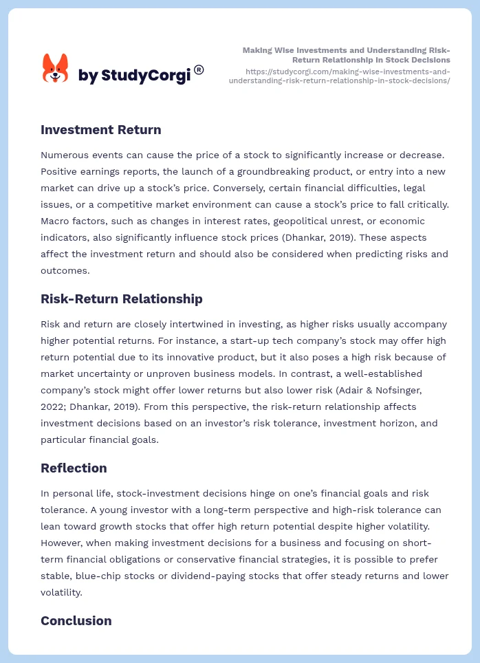 Making Wise Investments and Understanding Risk-Return Relationship in Stock Decisions. Page 2
