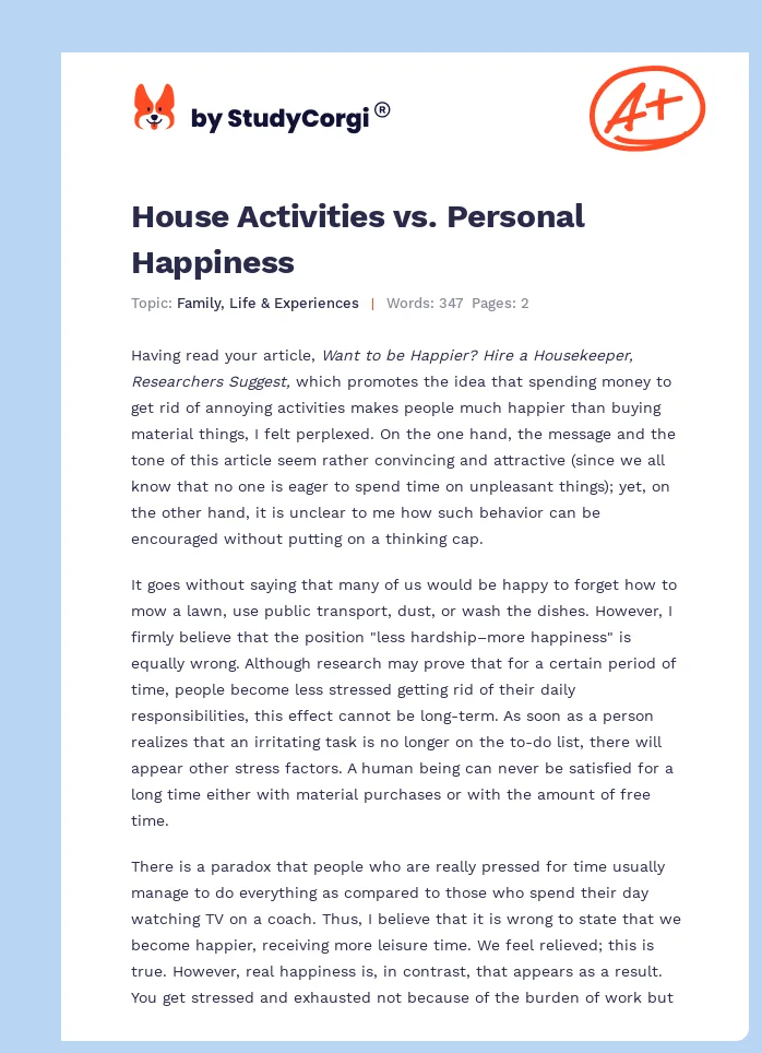 House Activities vs. Personal Happiness. Page 1