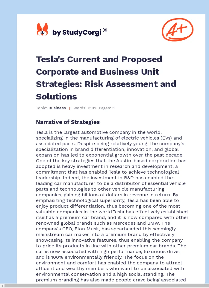 Tesla's Current and Proposed Corporate and Business Unit Strategies: Risk Assessment and Solutions. Page 1