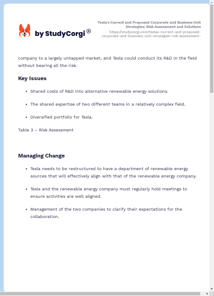 Tesla's Current and Proposed Corporate and Business Unit Strategies: Risk Assessment and Solutions. Page 2