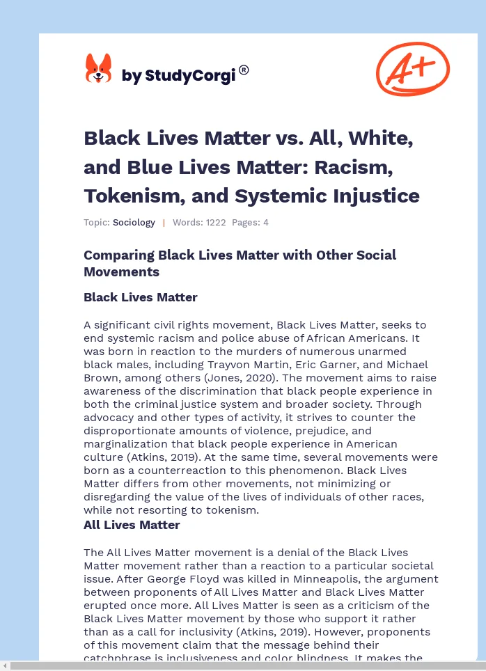Black Lives Matter vs. All, White, and Blue Lives Matter: Racism, Tokenism, and Systemic Injustice. Page 1