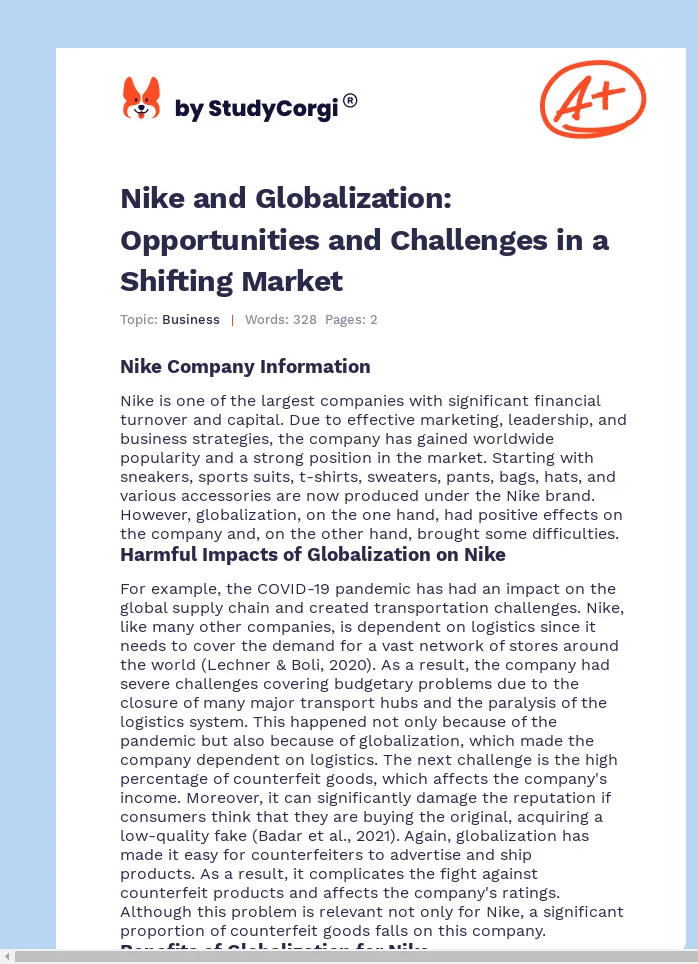 Nike and Globalization: Opportunities and Challenges in a Shifting Market. Page 1
