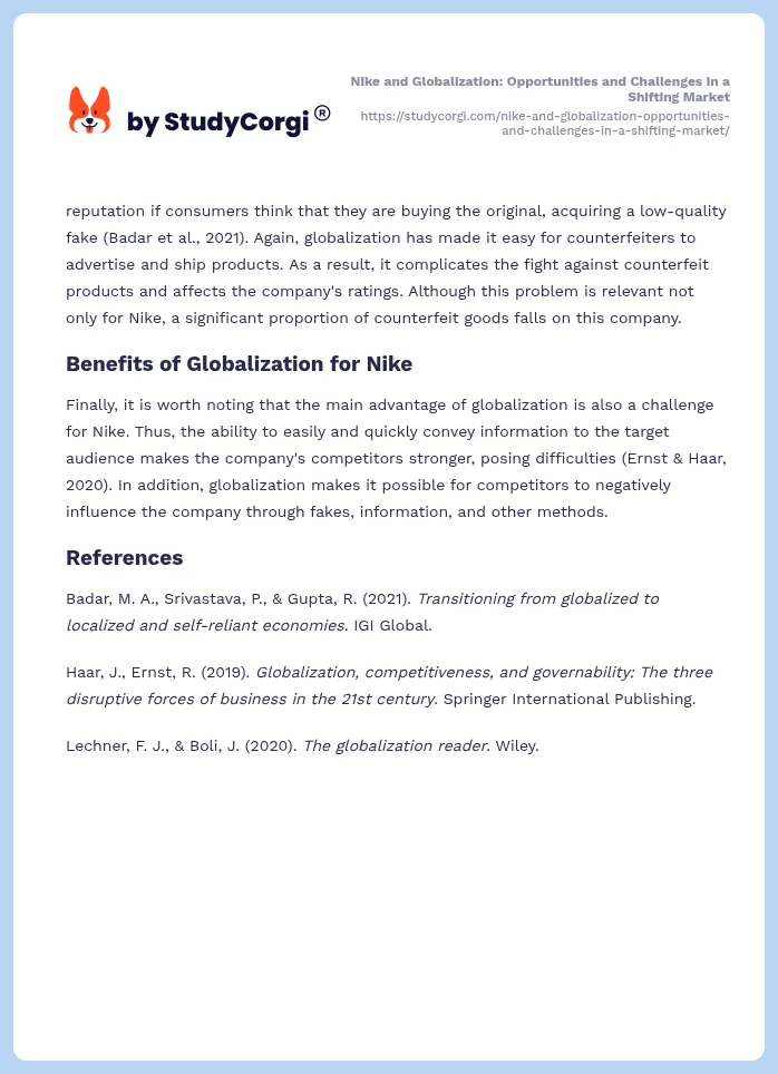 Nike and Globalization: Opportunities and Challenges in a Shifting Market. Page 2