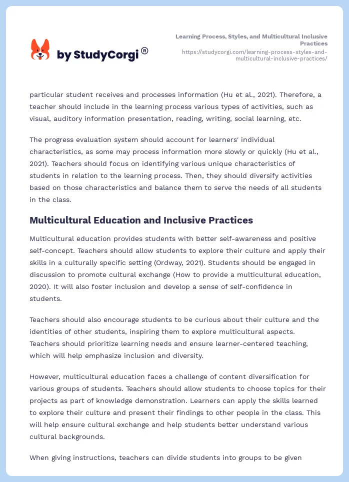 Learning Process, Styles, and Multicultural Inclusive Practices. Page 2