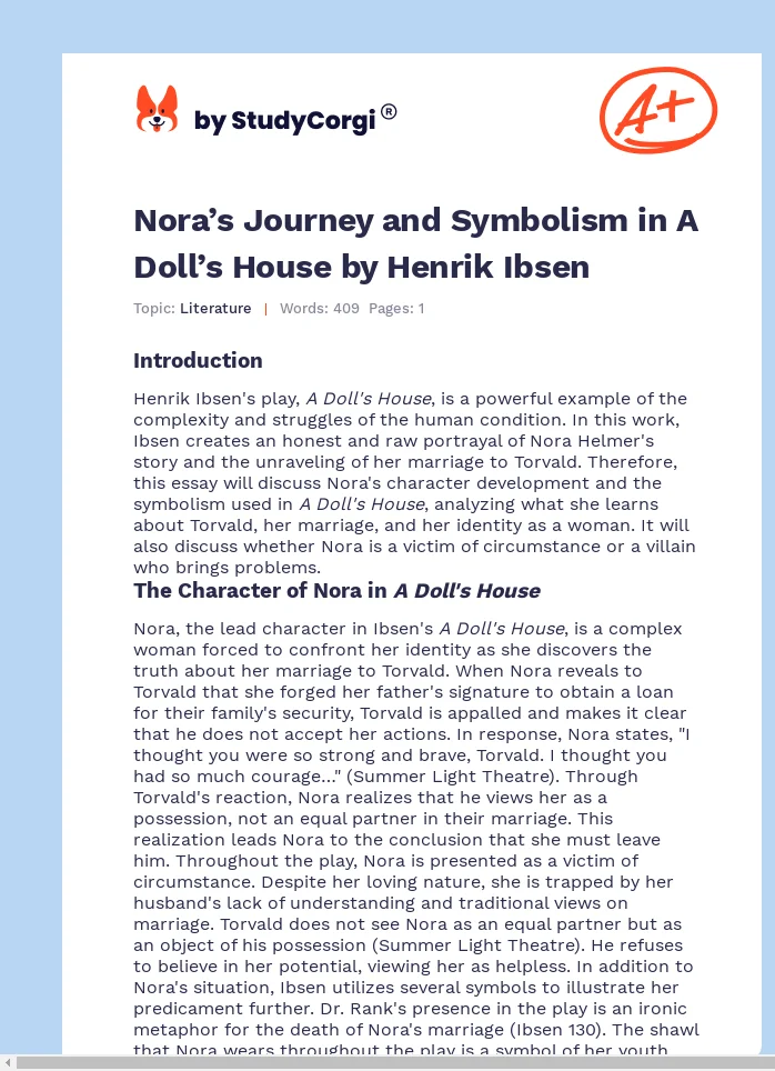 Nora’s Journey and Symbolism in A Doll’s House by Henrik Ibsen. Page 1