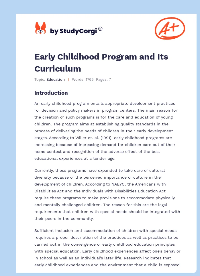 Early Childhood Program and Its Curriculum. Page 1