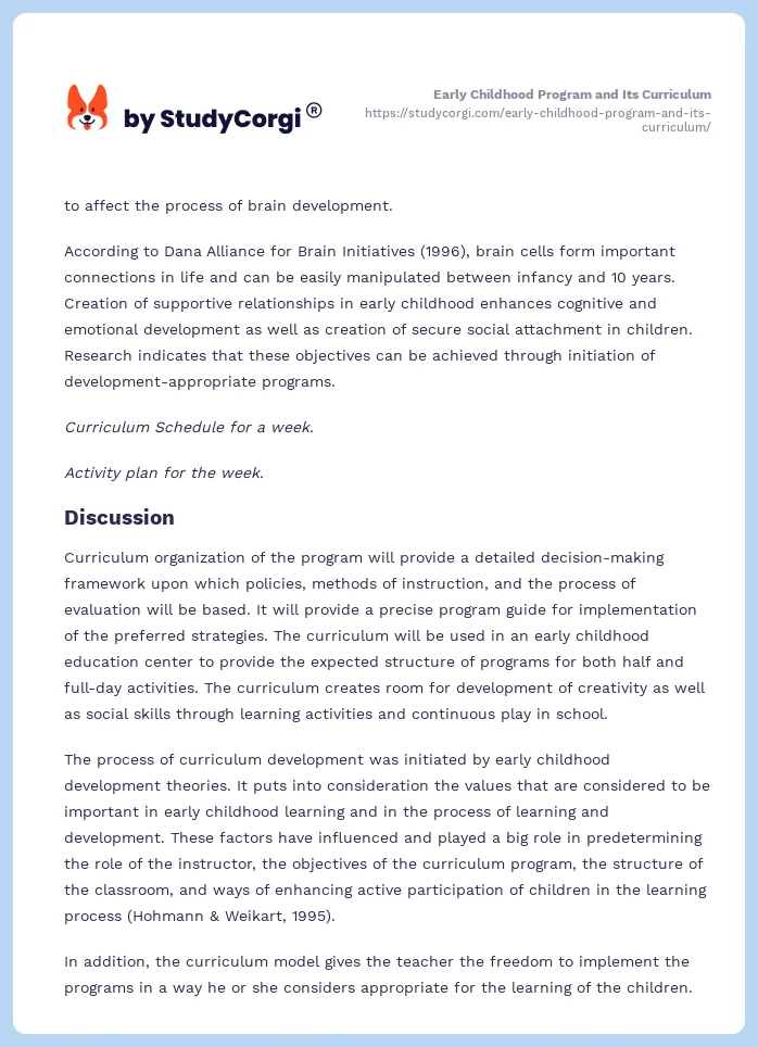 Early Childhood Program and Its Curriculum. Page 2