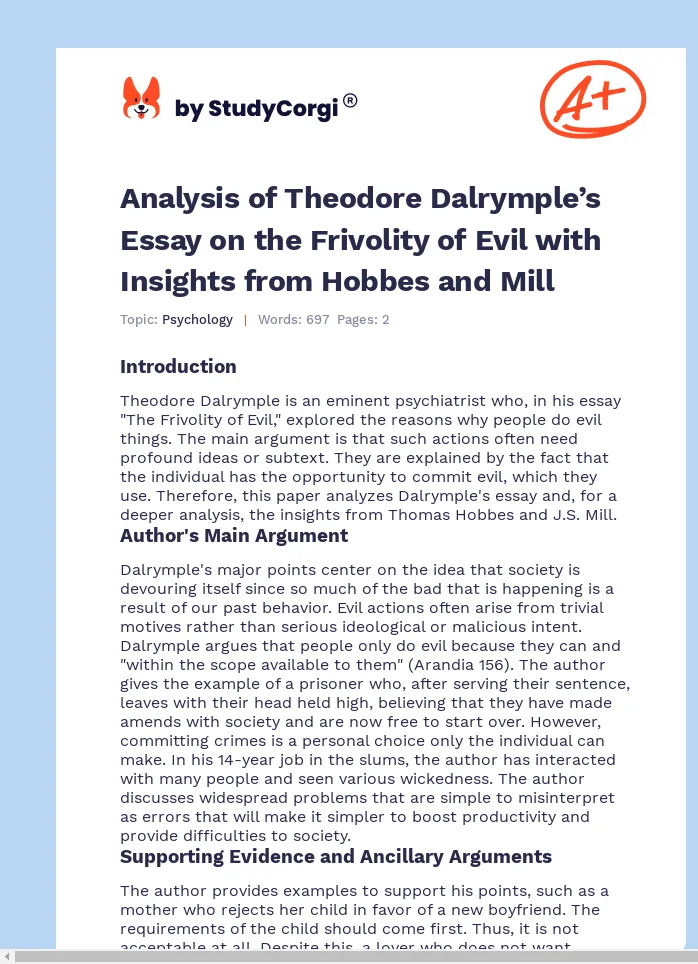 Analysis of Theodore Dalrymple’s Essay on the Frivolity of Evil with Insights from Hobbes and Mill. Page 1