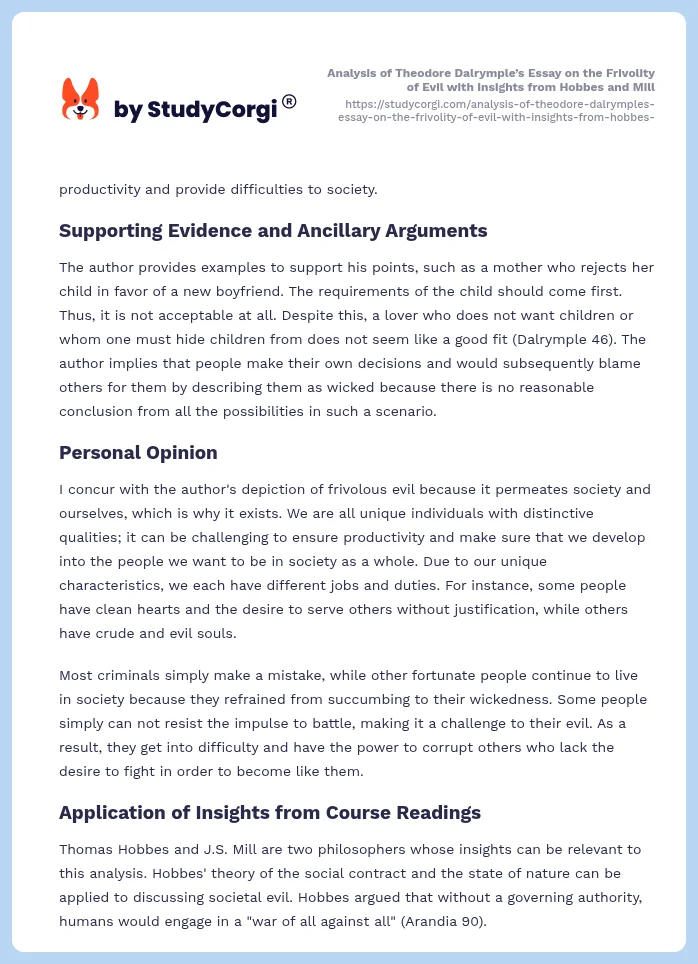 Analysis of Theodore Dalrymple’s Essay on the Frivolity of Evil with Insights from Hobbes and Mill. Page 2