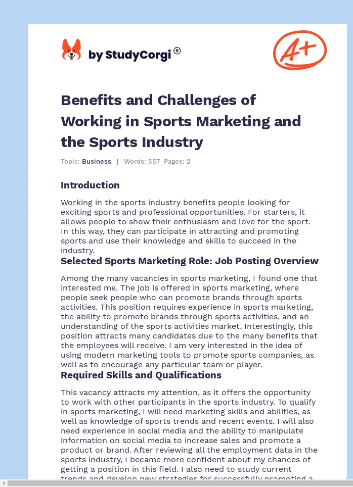 Benefits and Challenges of Working in Sports Marketing and the Sports Industry. Page 1