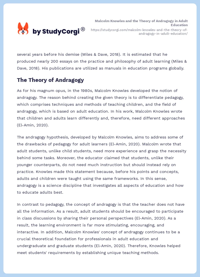 Malcolm Knowles and the Theory of Andragogy in Adult Education. Page 2