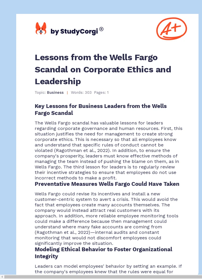 Lessons from the Wells Fargo Scandal on Corporate Ethics and Leadership. Page 1