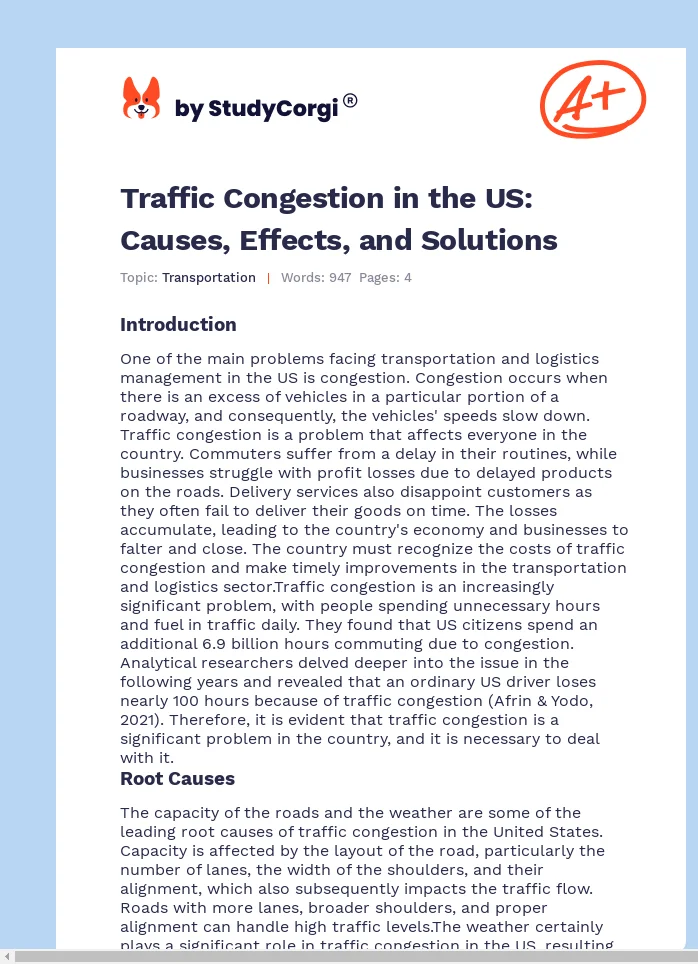 Traffic Congestion in the US: Causes, Effects, and Solutions. Page 1