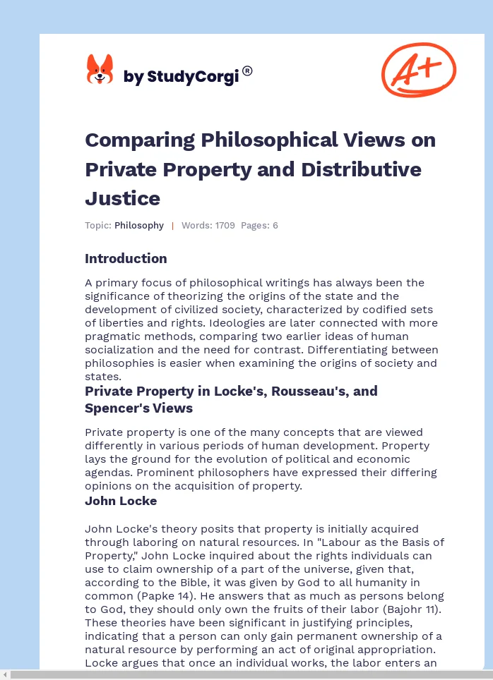 Comparing Philosophical Views on Private Property and Distributive Justice. Page 1