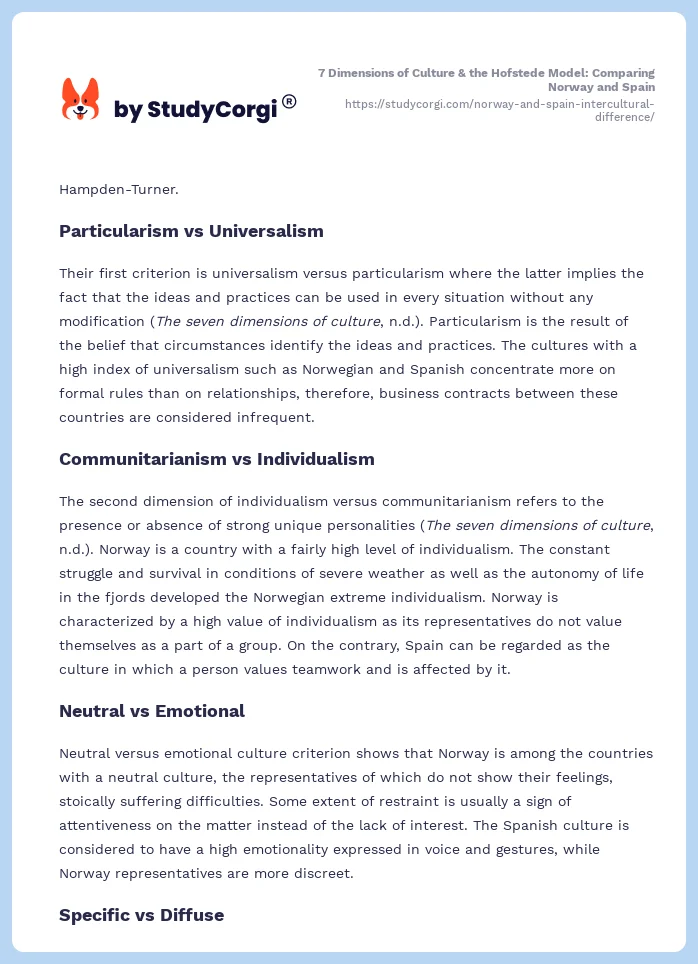 7 Dimensions of Culture & the Hofstede Model: Comparing Norway and Spain. Page 2