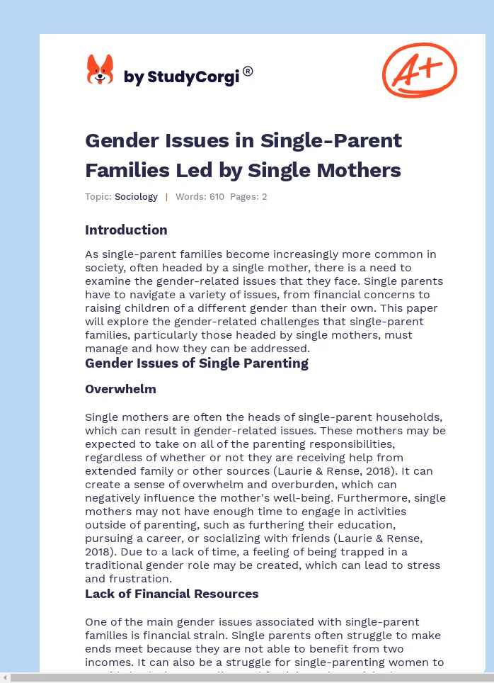 Gender Issues in Single-Parent Families Led by Single Mothers. Page 1
