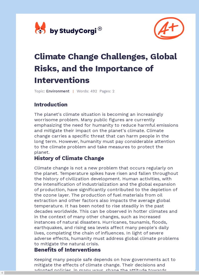 Climate Change Challenges, Global Risks, and the Importance of Interventions. Page 1
