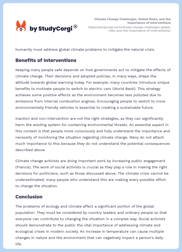 Climate Change Challenges, Global Risks, and the Importance of Interventions. Page 2