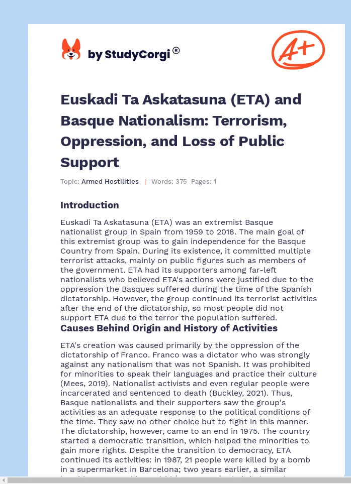 Euskadi Ta Askatasuna (ETA) and Basque Nationalism: Terrorism, Oppression, and Loss of Public Support. Page 1