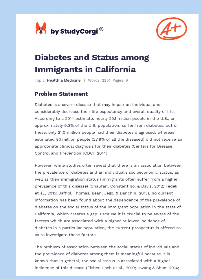 Diabetes and Status among Immigrants in California. Page 1