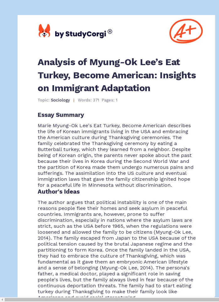 Analysis of Myung-Ok Lee’s Eat Turkey, Become American: Insights on Immigrant Adaptation. Page 1